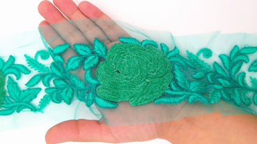 Cyan Green Soft Net Fabric Lace Trim with Floral Embroidery, Lace Trim, Sari Border